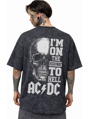 Sevbano Tasarım Kurukafa Ac Dc Rock Metal Müzik Grubu Sırt Baskılı Unisex Oversize Eskitme Yıkamalı Tişört