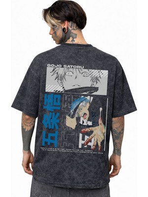 Sevbano Tasarım Gojo Satoru Jujutsu Kaisen Anime Sırt Baskılı Unisex Oversize Eskitme Yıkamalı Tişört
