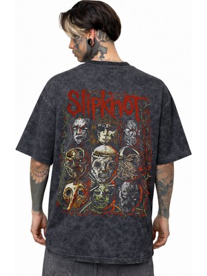 Sevbano Slipknot Rock Metal Müzik Grubu Sırt Baskılı Unisex Oversize Eskitme Yıkamalı Tişört
