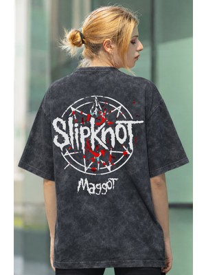 Sevbano Slipknot Maggot Rock Metal Müzik Grubu Sırt Baskılı Unisex Oversize Eskitme Yıkamalı Tişört