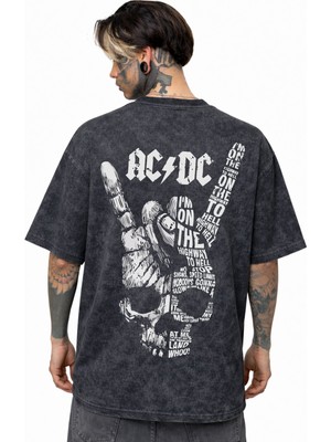 Sevbano Ac Dc Highway To Hell Rock Metal Müzik Grubu Sırt Baskılı Unisex Oversize Eskitme Yıkamalı Tişört