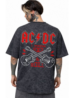 Sevbano Ac Dc I Wanna Rock And Roll Müzik Grubu Sırt Baskılı Unisex Oversize Eskitme Yıkamalı Tişört