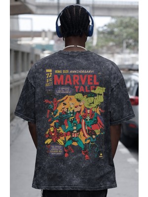 Sevbano Tasarım Marvel Tale Avengers Kahramanlar Sırt Baskılı Unisex Oversize Eskitme Yıkamalı Tişört