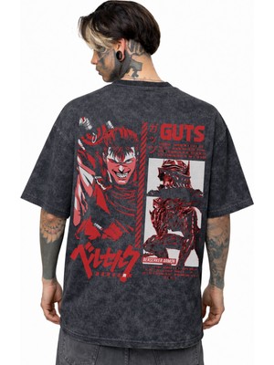 Sevbano Berserk Guts Anime Sırt Baskılı Unisex Oversize Eskitme Yıkamalı Tişört
