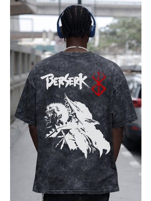 Sevbano Tasarım Berserk Guts Anime Sırt Baskılı Unisex Oversize Eskitme Yıkamalı Tişört