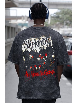 Sevbano Slipknot Rock Metal Müzik Grubu Sırt Baskılı Unisex Oversize Eskitme Yıkamalı Tişört