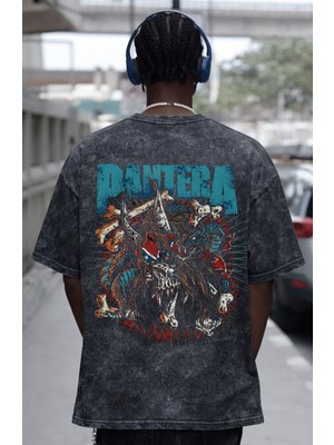 Sevbano Tasarım Pantera Rock Metal Müzik Grubu Sırt Baskılı Unisex Oversize Eskitme Yıkamalı Tişört