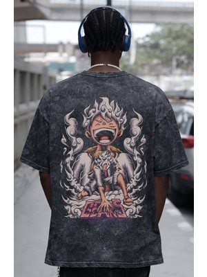 Sevbano Tasarım One Piece Monkey D. Luffy Gear 5 Sırt Baskılı Unisex Oversize Eskitme Yıkamalı Tişört