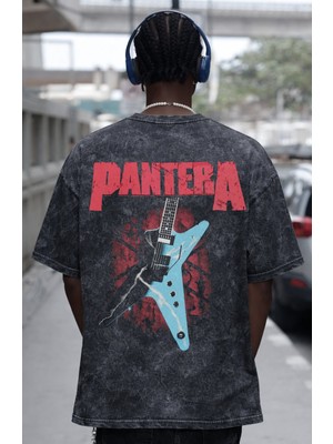 Sevbano Tasarım Pantera Rock Metal Müzik Grubu Sırt Baskılı Unisex Oversize Eskitme Yıkamalı Tişört