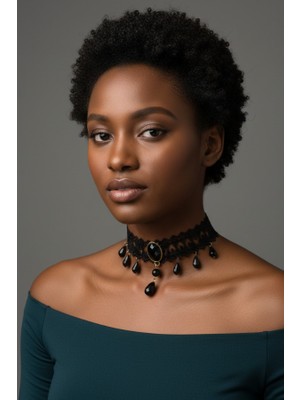 Victoria Tarzı Siyah Dantel Choker Kolye - Damla Taşlı Gotik Boyunluk