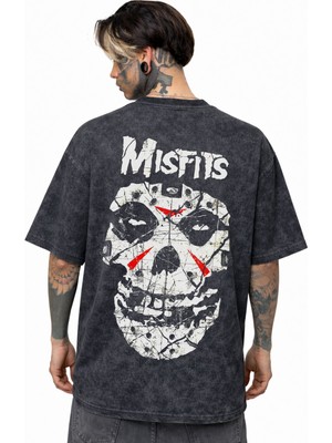 Sevbano Misfits Rock Metal Müzik Grubu Sırt Baskılı Unisex Oversize Eskitme Yıkamalı Tişört