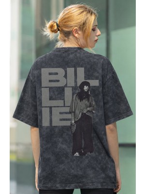 Sevbano Tasarım Billie Eilish Şarkıcı Sırt Baskılı Unisex Oversize Eskitme Yıkamalı Tişört