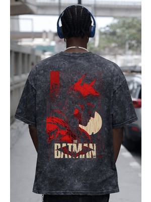 Sevbano Batman Süper Kahraman Sırt Baskılı Unisex Oversize Eskitme Yıkamalı Tişört