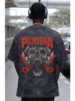 Sevbano Tasarım Pantera Rock Metal Müzik Grubu Sırt Baskılı Unisex Oversize Eskitme Yıkamalı Tişört