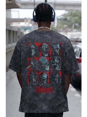 Sevbano Slipknot Rock Metal Müzik Grubu Sırt Baskılı Unisex Oversize Eskitme Yıkamalı Tişört