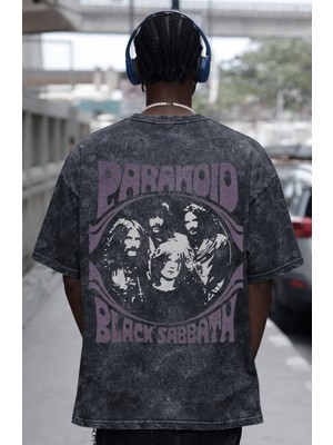 Sevbano Paranoid Black Sabbath Rock Metal Müzik Grubu Sırt Baskılı Unisex Oversize Eskitme Yıkamalı Tişört