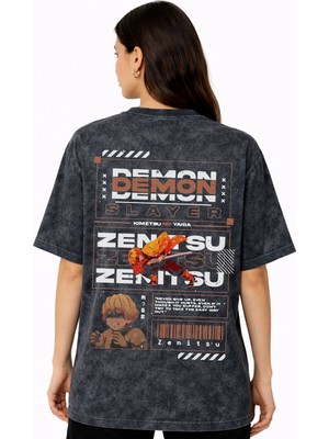 Sevbano Demon Slayer Zenitsu Kimetsu No Yaiba Anime Sırt Baskılı Unisex Oversize Eskitme Yıkamalı Tişört