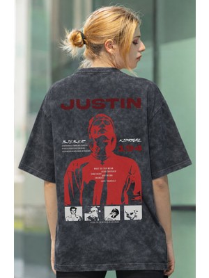 Sevbano Tasarım Justin Bieber Şarkıcı Sırt Baskılı Unisex Oversize Eskitme Yıkamalı Tişört