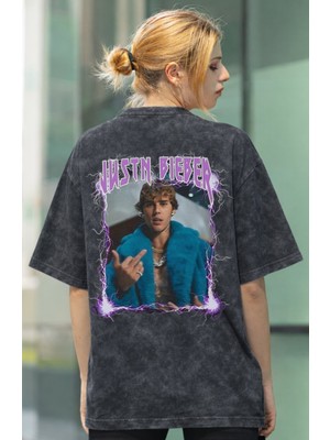 Sevbano Justin Bieber Şarkıcı Sırt Baskılı Unisex Oversize Eskitme Yıkamalı Tişört