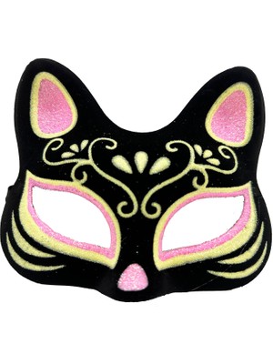 My Best Store Siyah Renk Süet Kaplama Üzeri Pembe Sarı Simli Kedi Maskesi 17X14 cm (4887) MYBESTSTORE-482957