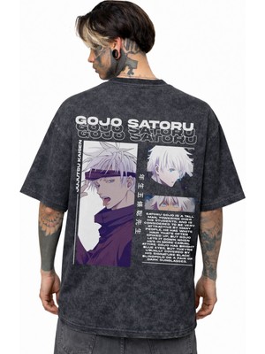 Sevbano Gojo Satoru Jujutsu Kaisen Anime Sırt Baskılı Unisex Oversize Eskitme Yıkamalı Tişört