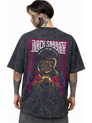 Sevbano Tasarım Black Sabbath Rock Metal Müzik Grubu Sırt Baskılı Unisex Oversize Eskitme Yıkamalı Tişört