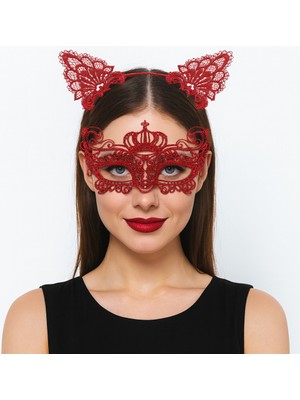 My Best Store Lüks Kırmızı Dantel Taçlı Maske Seti 2 No - Parti, Balo, Kostüm Aksesuarı (4887) Mybeststore
