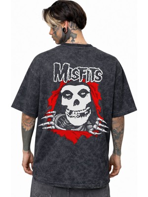 Sevbano Misfits Rock Metal Müzik Grubu Sırt Baskılı Unisex Oversize Eskitme Yıkamalı Tişört