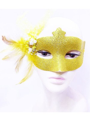 My Best Store Sim Işlemeli Inci Boncuk Detaylı Tüylü Balo Maskesi Altın Renk 13X18 cm (4887) Mybeststore-48