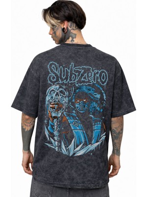 Sevbano Subzero Mortal Kombat Anime Sırt Baskılı Unisex Oversize Eskitme Yıkamalı Tişört