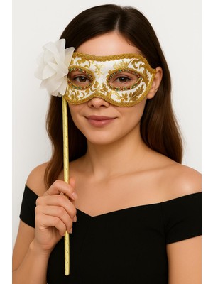 My Best Store Lüks Taşlı Saplı Maskeli Balo Maskesi Beyaz Renk 35 cm (4887) MYBESTSTORE-482957