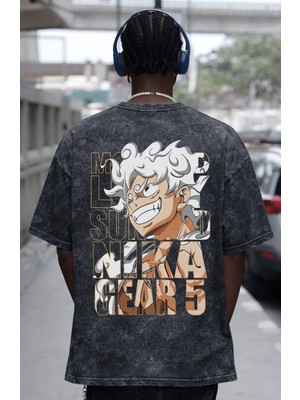 Sevbano One Piece Monkey D. Luffy Gear 5 Anime Sırt Baskılı Unisex Oversize Eskitme Yıkamalı Tişört