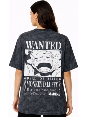 Sevbano Wanted Monkey D. Luffy One Piece Anime Sırt Baskılı Unisex Oversize Eskitme Yıkamalı Tişört