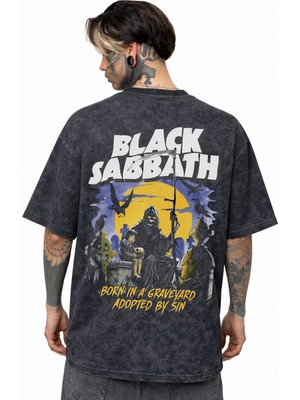 Sevbano Black Sabbath Rock Metal Müzik Grubu Sırt Baskılı Unisex Oversize Eskitme Yıkamalı Tişört