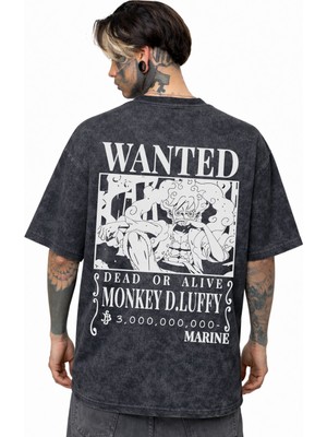 Sevbano Wanted Monkey D. Luffy One Piece Anime Sırt Baskılı Unisex Oversize Eskitme Yıkamalı Tişört