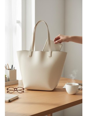 Rafiel Kadın Bej Deri Görünümlü Omuz Çantası - Büyük Boy Günlük Tote Çanta - Minimalist Tasarım