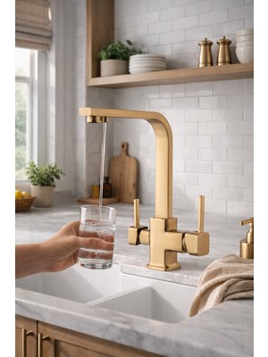 Rena Design Mat Gold Arıtmalı Mutfak Eviye Bataryası 3 Yollu Kare Mutfak Musluk Prinç Garantili Altın Armatür