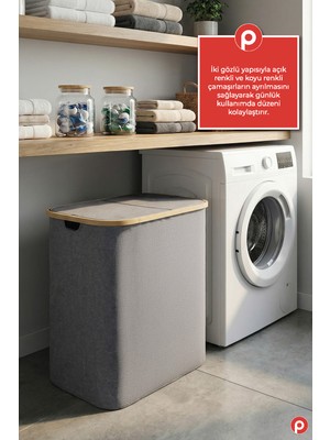 Pazarika Lüks 150 Lt Çift Bölmeli Çamaşır Sepeti - Kapaklı ve Iç Torbalı Modern Banyo Düzenleyici