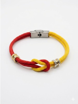 Elegantrend Erkek Halat Bileklik Kırmızı Sarı Çelik Kilitli Düğüm Tasarım Spor Hediyelik Bileklik