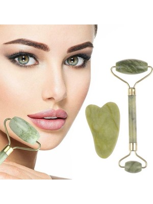 Twin Store® Çift Taraflı 2li Cilt Yüz Masaj Aleti Jade Roller Yeşim Taşı Seti