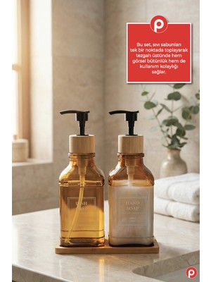 Pazarika 2’li Amber Cam Sıvı Sabunluk Seti - Bambu Standlı & Tepsili Mutfak Banyo Seti