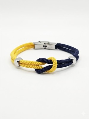 Elegantrend Çelik Kilitli Erkek Halat Bileklik Lacivert Sarı Örgü Düğüm Tasarım Denizci Bileklik