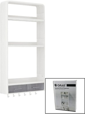 Vice Avm BEYAZ YAPIŞKANLI DUVAR ORGANİZERİ PLASTİK 3 RAF=14CM-19CM-30CM - 2 ÇEKMECE=40CM - 6 ASKI 19 PARÇA GO-53-vice 01291