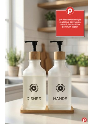 Pazarika 2’li Şeffaf Cam Sıvı Sabunluk Seti - Bambu Standlı & Tepsili Mutfak Banyo Seti