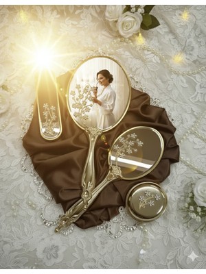 Miss Ayza Missayza Bahar Dalı Serisi 4’lü Lüks Çeyizlik Ayna & Fırça Seti - Gold Tasarım