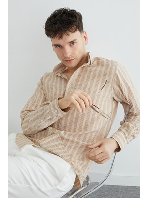 FullaModa Çizgili Jakarlı Gömlek