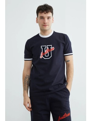 FullaModa Biyeli Yazı Nakışlı Bisiklet Yaka Tişört