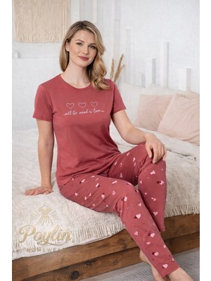 Işılay Poylin Homewear Kadın %100 Pamuklu Milan Kumaş Sıfır Yaka Kalp Desenli Pijama Takımı