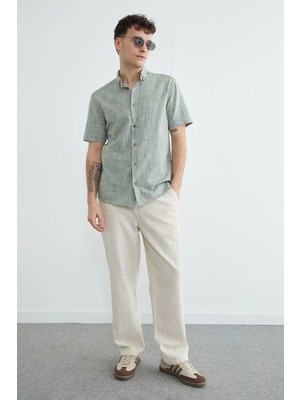 FullaModa Flamlı Düğmeli Keten Görünümlü Gömlek