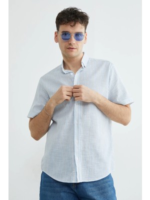 FullaModa Çizgili Keten Görünümlü Kısa Kol Gömlek